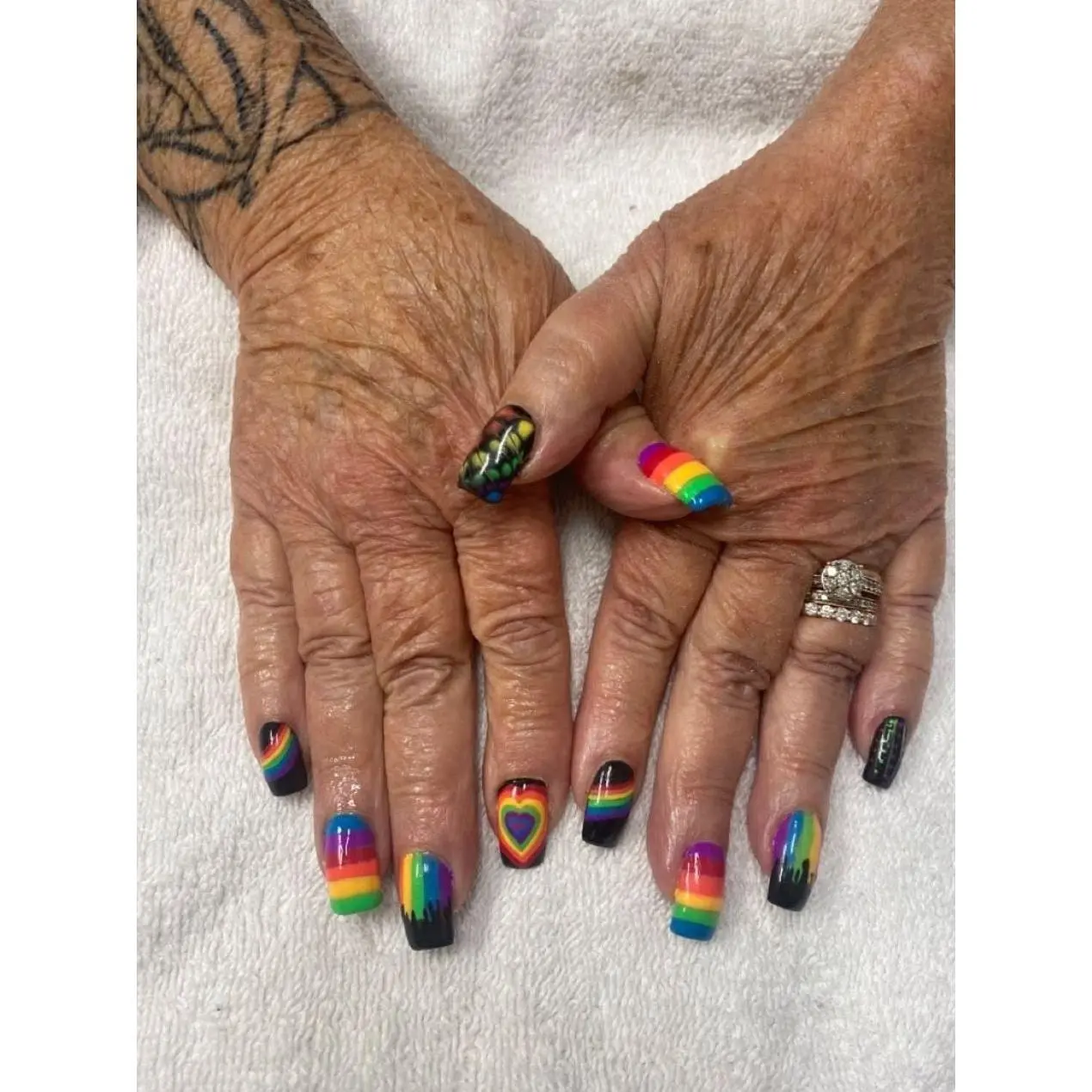 Pernell Home Rainbow Heart Press On Nails | Black Drip French Design, Colorful Pride Stripe Art, Bold Festival Style