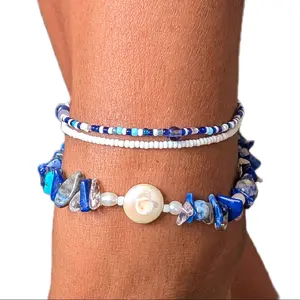 YEMỌNJA Elekẹ Anklet - YEMỌNJA Elekẹ-Inspired Stretchy Pearl & Gemstone Anklet; Stackable, Yorùbá Spirituality-Inspired Anklets; Real Gemstones, Unique and Gorgeous Real Pearls, Vibrant Lapis Lazuli, Turquoise, and Herkimer Diamond, Clear Quartz Chips