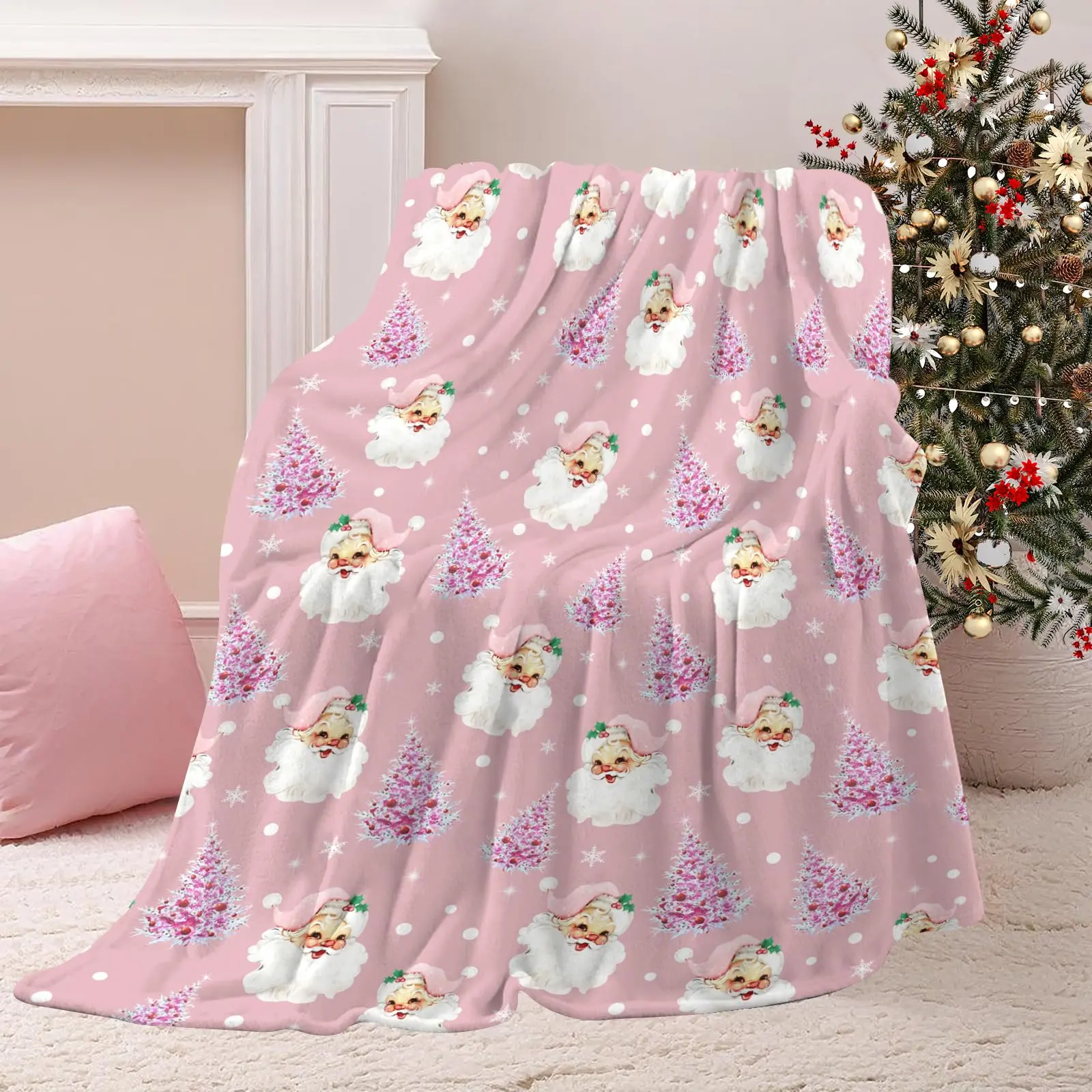 Soft Fluffy Lightweight Cozy Christmas Plush Blanket - Cute Santa Claus, Pink Christmas Tree, Snowflake Warm Throw for Couch, Bed 50"x40", Lightweight Cozy Blanket, Soft Fluffy Blanket