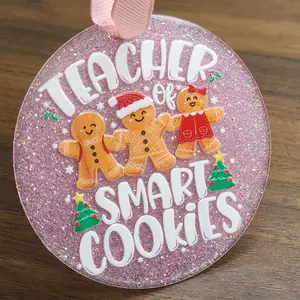 Pink glittered uv resin "teacher of smart cookies" Christmas ornament decoration