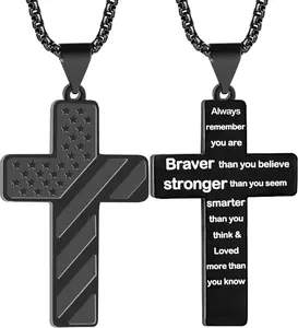 Stainless Steel Cross Black Pendant Fashion Necklace, Bible Verse American Flag Pendant Chain, for Men, Husband, Father, Mother's Day Gifts graduation lei