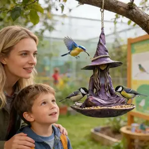 Resin Meditating Witch Garden Hanging Bird Feeder Purple Resin Whimsical Witch Hat Design With Rope Hanger Outdoor Garden Decorations