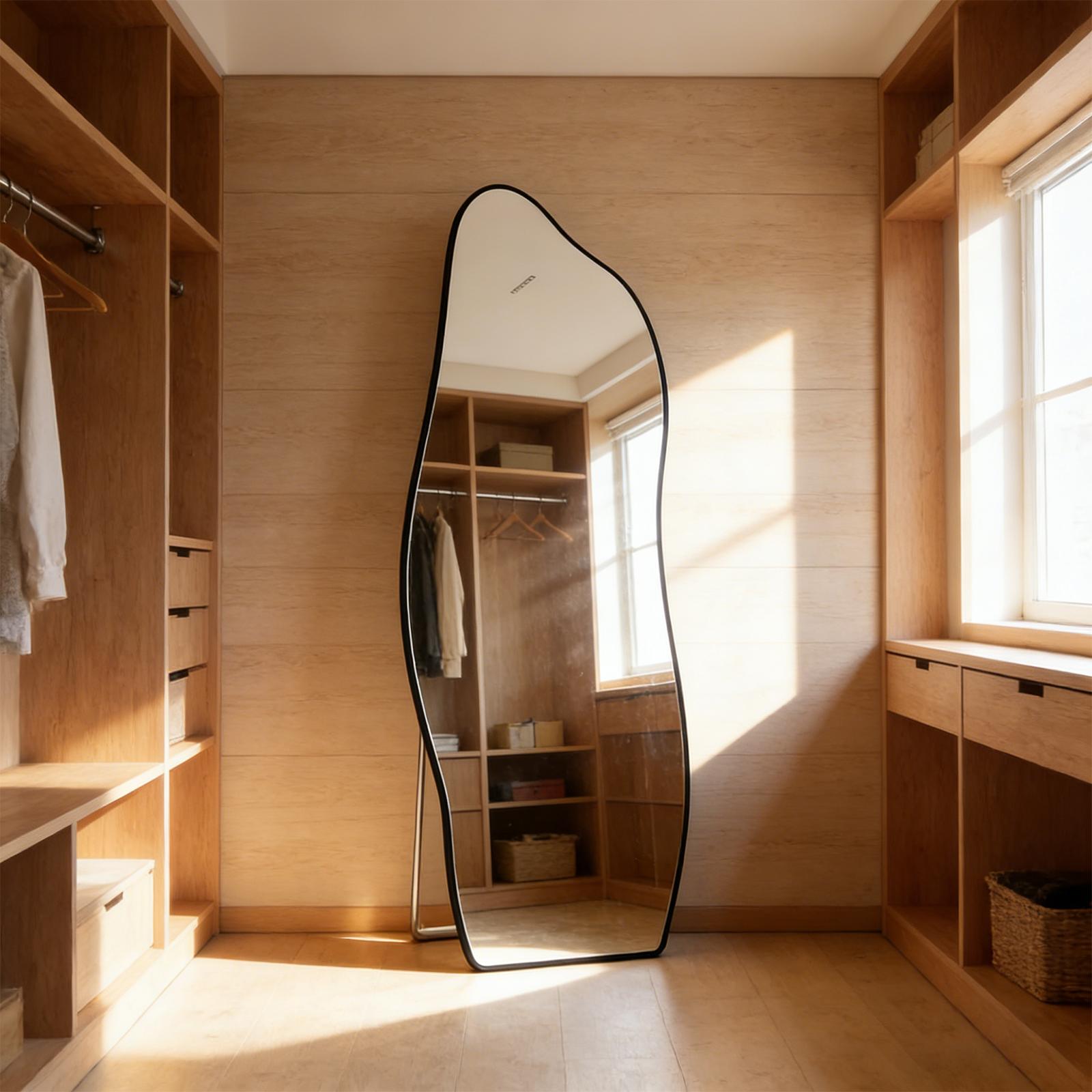 17569H01-Irregular Wavy Full Length Mirror, Tempered Glass Asymmetrical Body Mirror, Modern Aesthetic Free Standing/Wall Mounted Dressing Mirror for Bedroom Closet