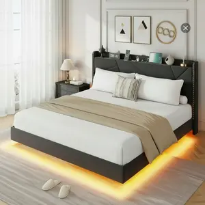 SA-Garvee Floating Bed Frame with LED Lights and Charging Station, Upholstered Full Size Bed Frame with Storage Headboard, Button Tufted Design, No Box Spring Needed, Easy Assembly, Black
