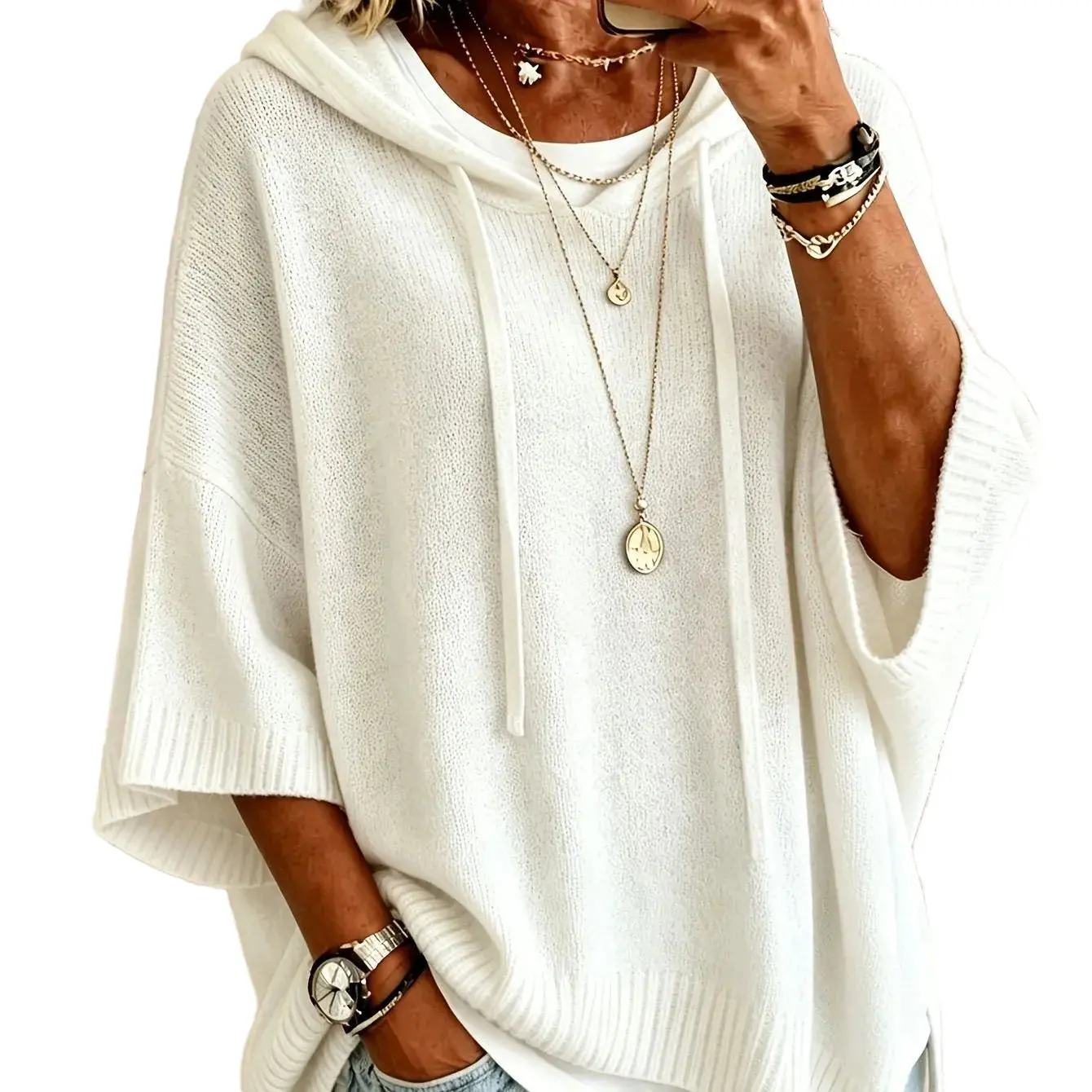 Womens Knitted New-Style Hooded Drawstring Sweater