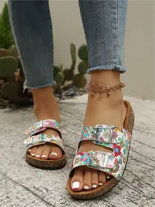 Women's Colorful Floral Print Cork Footbed Sandals, Adjustable Double Buckle Open Toe Slide Slippers, Casual Summer Beach ShoesVintage Floral Print Women's Cork Sandals, Double Buckle Adjustable Open Toe Slide Slippers, Comfortable Bohemian Summer Shoes f