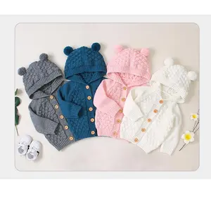 Newborn Baby Girls Boys Knit Cardigan Hooded Sweater, Infant Button-Down Cotton Outfits, Unisex Baby Basic Clothes
