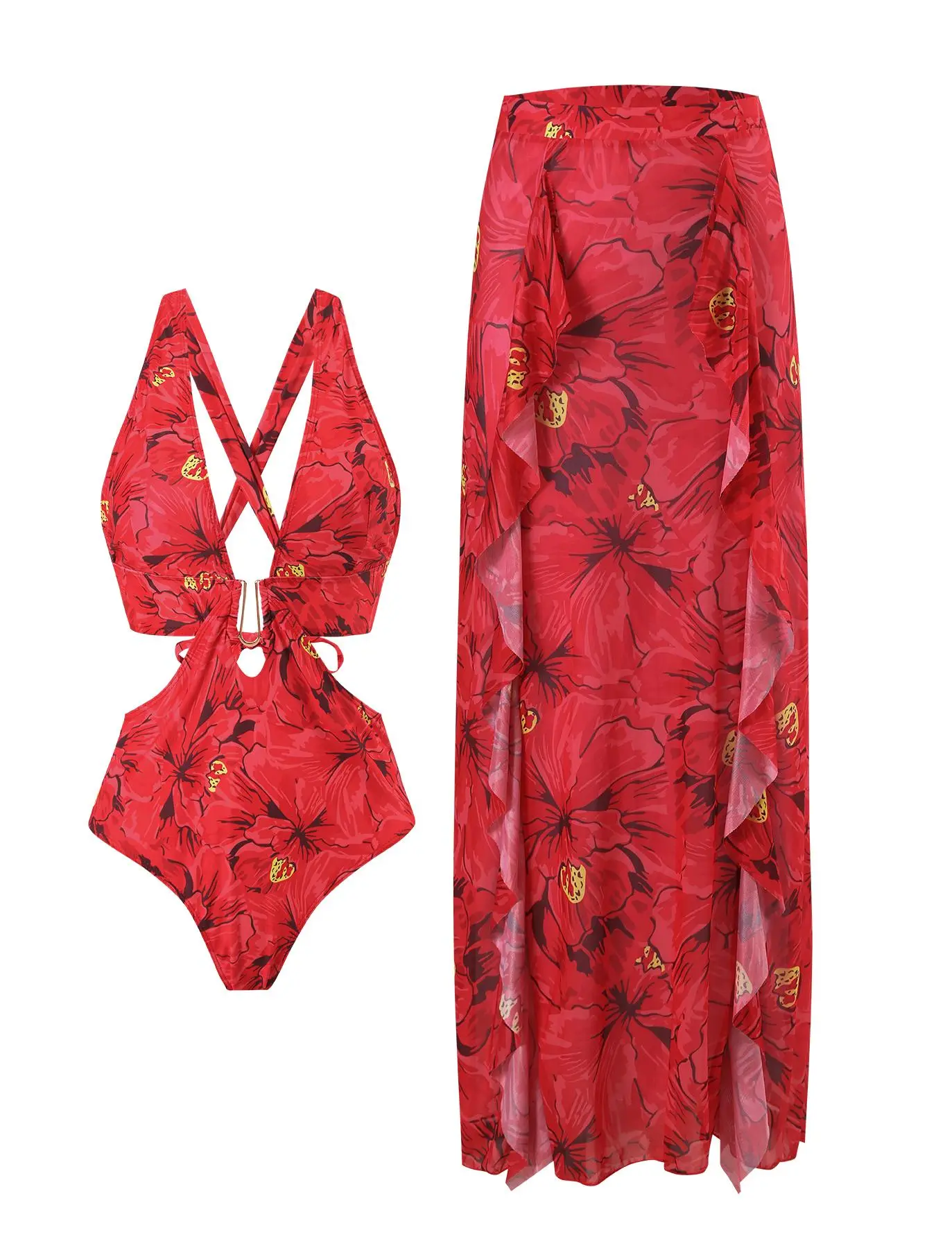 Women's Floral Print Metal Decor Swimsuit Set, Boho Criss Cross One-piece Swimwear & Ruffle Skirt Set, Ladies Summer Beach Holiday  Swimsuit Set, Floral Print Swimsuits, Tropical Print Swimsuit, Beachwear Swimsuit, Swim Suit With Skirt