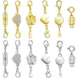 Magnetic Jewelry Clasps Set, Gold and Silver, 12 Pack Rose and Heart Design, Necklace Bracelet Closures with Rhinestone Accents (12PCS Golden Silvery)