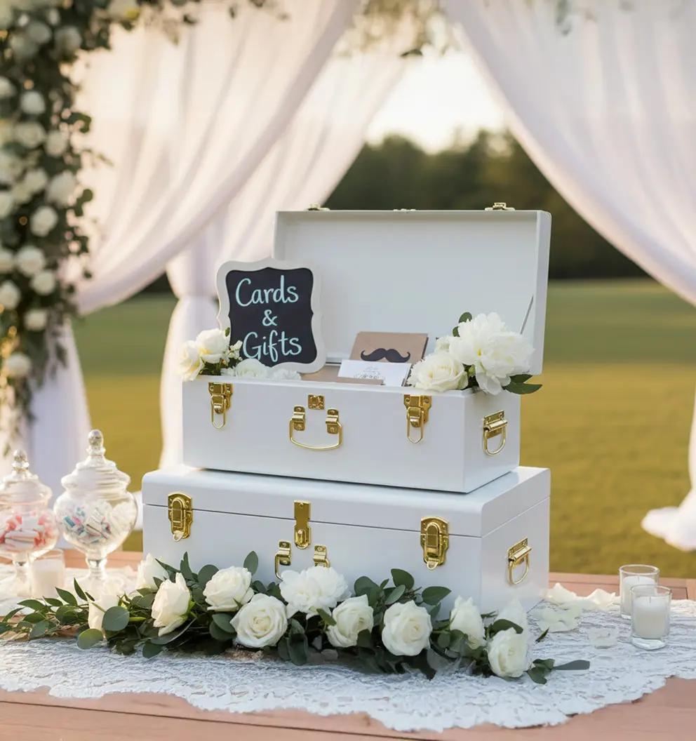 Elegant White Wedding Trunk Set (2 Pcs) - Bridal Shower Gift / DIY Wedding Memory Box Display Box Memorabilia Box