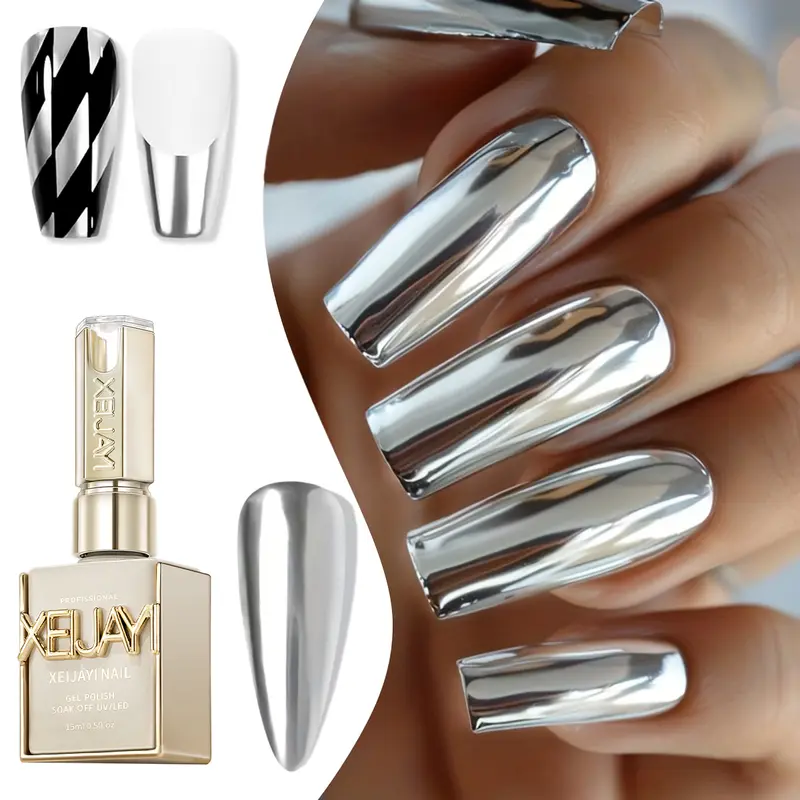 XEIJAYI 1PC 15ML TPO&HEMA-Free Platinum Shine UV Metal Gel, Mirror Metal Nail Supplies, Metallic Sparkle Art Decoration Gel Polish, Soak-Off UV LED Curing DIY Kit for Home Salon Fine Details