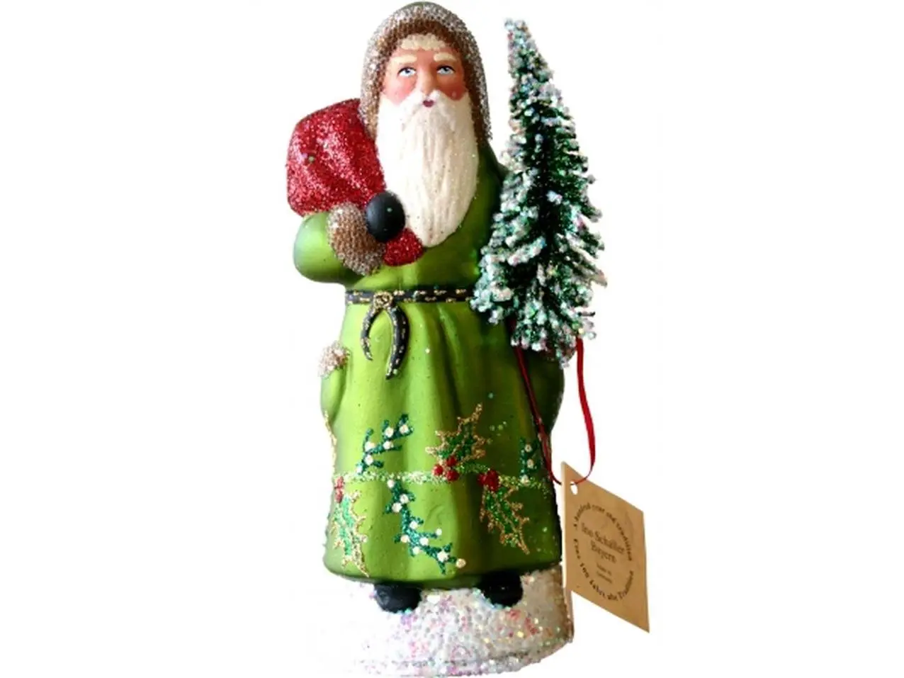 SCHA 11-204 Schaller Handmade Craft Paper Mache Candy Container - Classic Christmas Santa Claus with Green Coat, Tree, Removable Ornaments, Removable Plug, Festive Home Decor Collectibles for All Ages