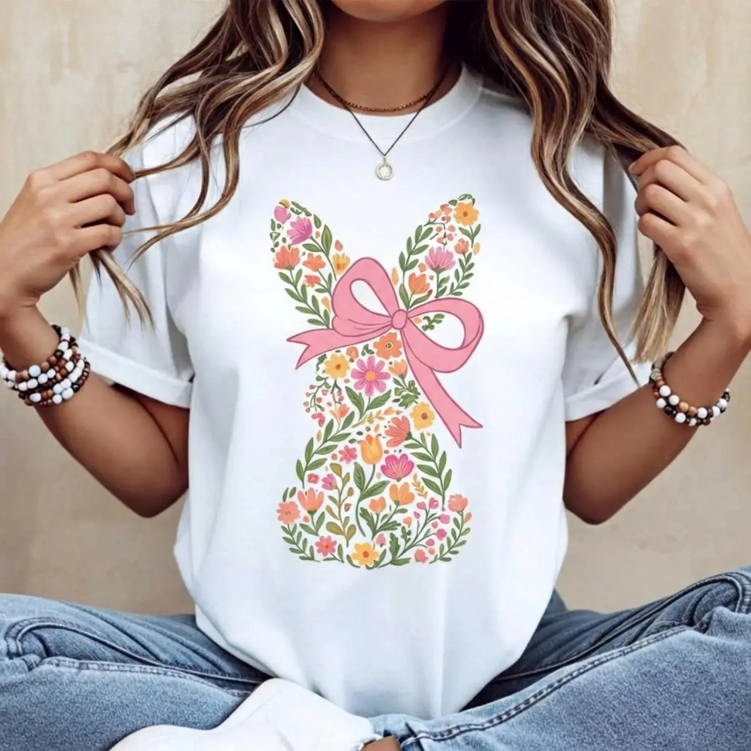 Women Casual Round Neck Short Sleeve T Shirt Featuring Easter Bunny with Pink Bow and Colorful Swirl Print Ideal for Spring Festival and Holiday Gift for Girlfriend or Wife