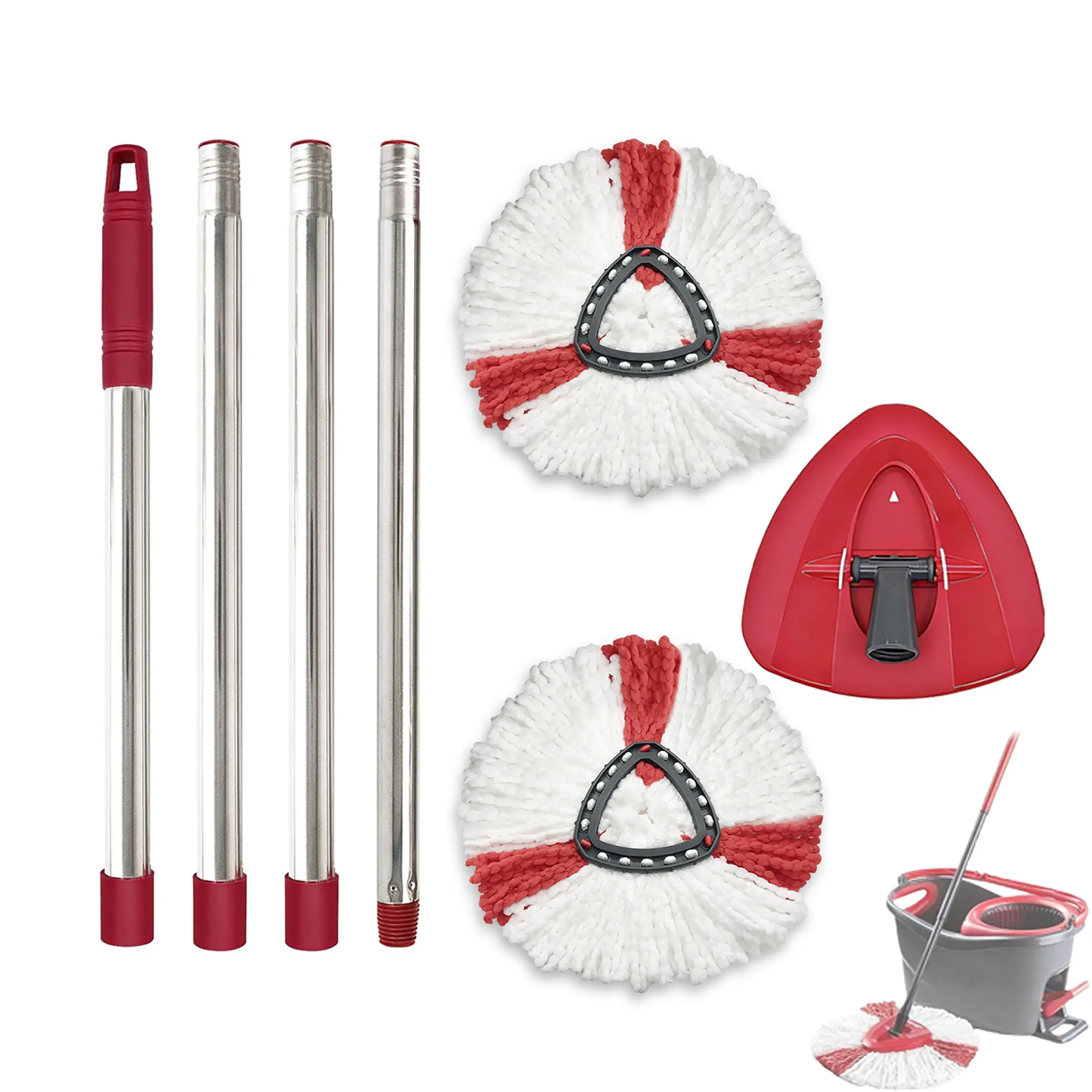 Spin Mop Replacements, Mop Accessories, Mop Handle and Mop Base Replacement for Vileda/O-Cedar EasyWring 1-Tank Spin Mop System, 2 Microfiber Mop Head Refills, 4-Section Iron Mop Handle 30-58in and 1 Mop Head Cover Set