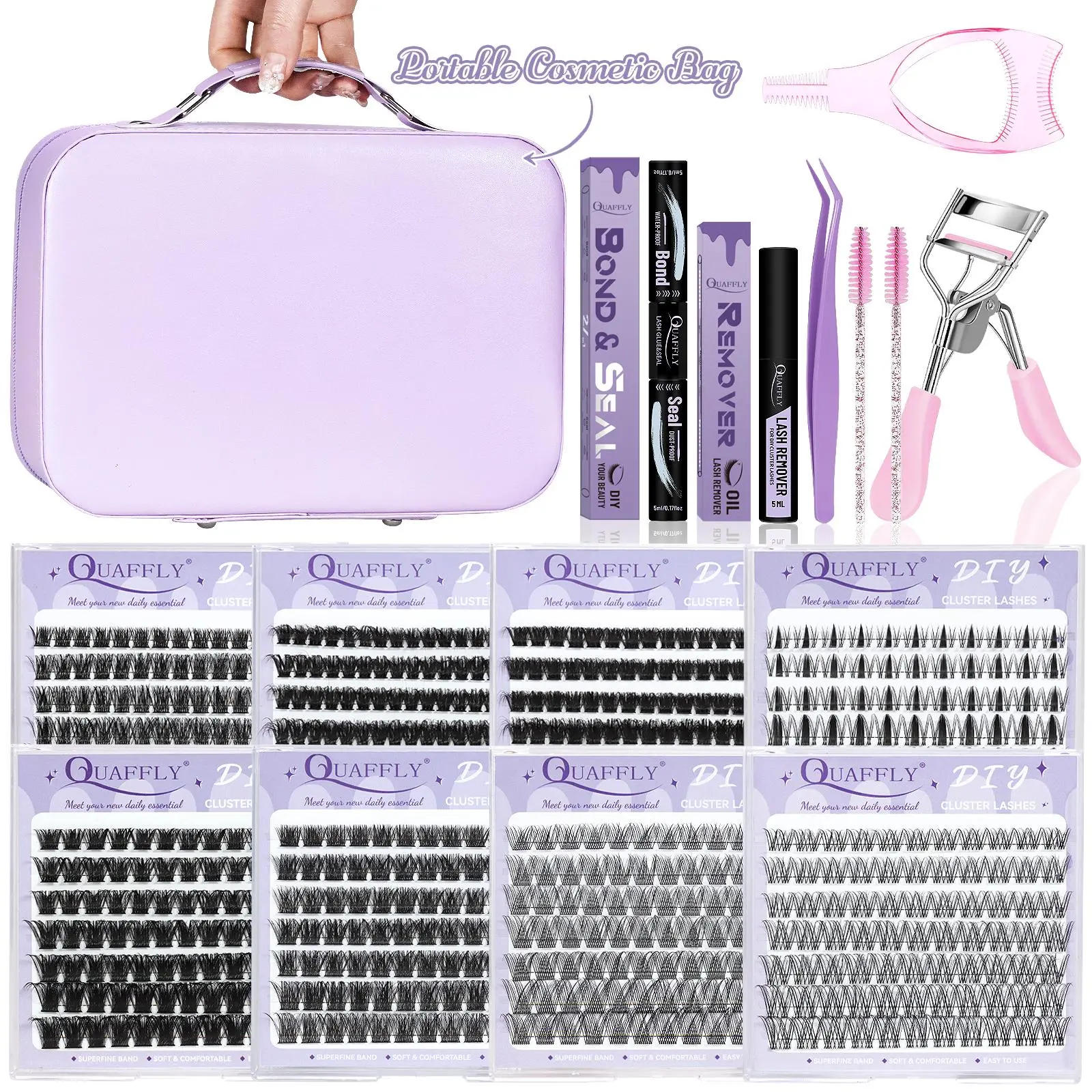 Portable Eyelash Kit, 1 Box Individual False Eyelashes with Eyelash Glue & Tweezers & Remover & Brushes & Eyelash Curler, Eye Makeup Enhancement Tool, Cosmetic, DIY Lash Cluster, Eyelash Bonding Tools, Eyelashes Makeup Set