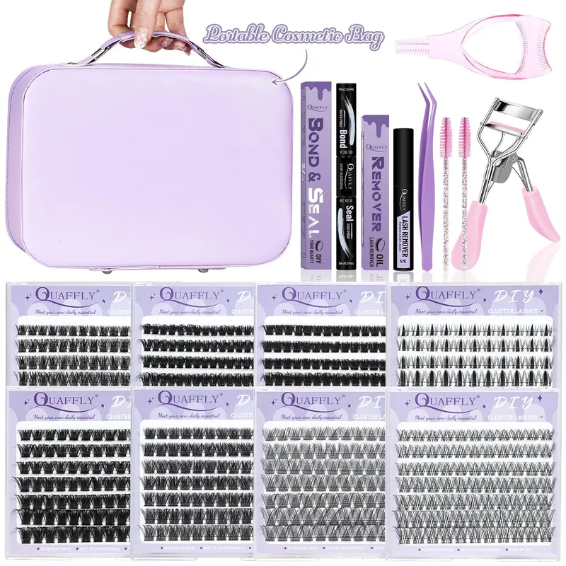 Portable Eyelash Kit, 1 Box Individual False Eyelashes with Eyelash Glue & Tweezers & Remover & Brushes & Eyelash Curler, Eye Makeup Enhancement Tool, Cosmetic, DIY Lash Cluster, Eyelash Bonding Tools, Eyelashes Makeup Set