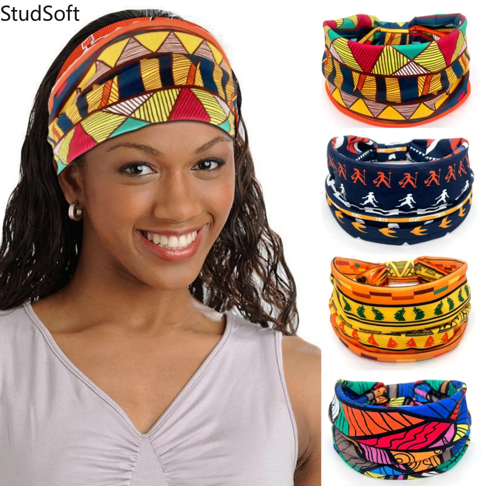 Women's African Print Wide Elastic Knotted Workout Headbands - 4-Piece Set Fitness Sweat Band, Head Wrap, Boho Fashion Hair Accessory for Yoga, Athletic Use (DIY Bag Accessories), Workout Headbands Women, Four-Piece Set