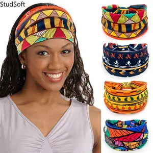 African Print Wide Headbands for Women, Elastic Knotted Hair Bands, Boho Workout Sweatbands for Yoga Sports, Fashion Hair Accessories, 4 Pack