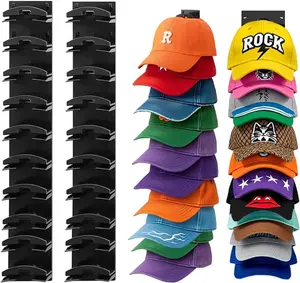 Wall Hat Hook, 2-Pack Hat Organizer with Capacity for Up to 20 Hats, Strong Adhesive Wall-Mounted Hat Rack, Door Cabinet Hat Organizer, Multi-Level Hat Storage, Two Mounting Options (Black)