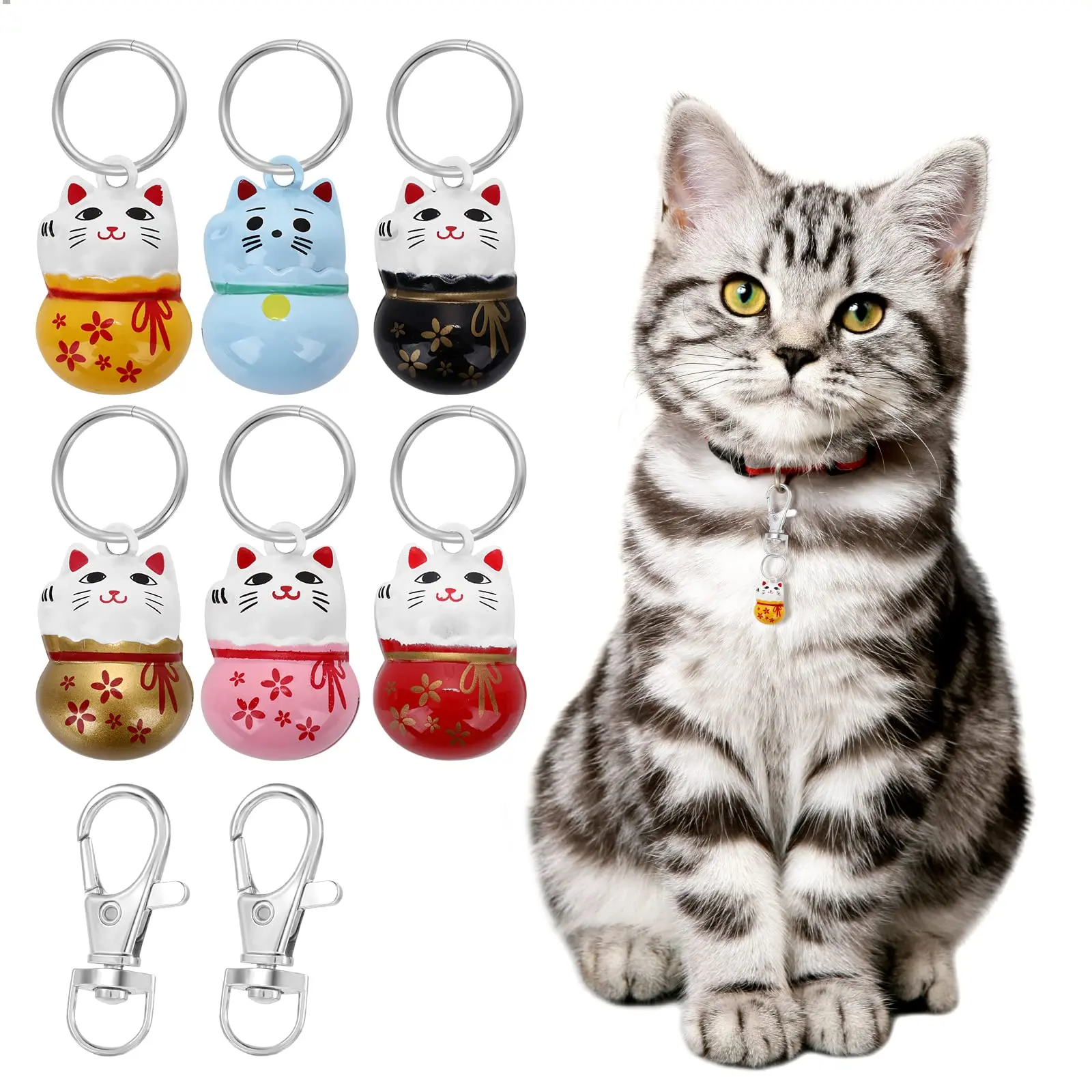 Fortune Cat Collar with Chiming Iron Bells - 6-Pieces Set, Kitten Safe Breakaway Buckle Cat Accessory