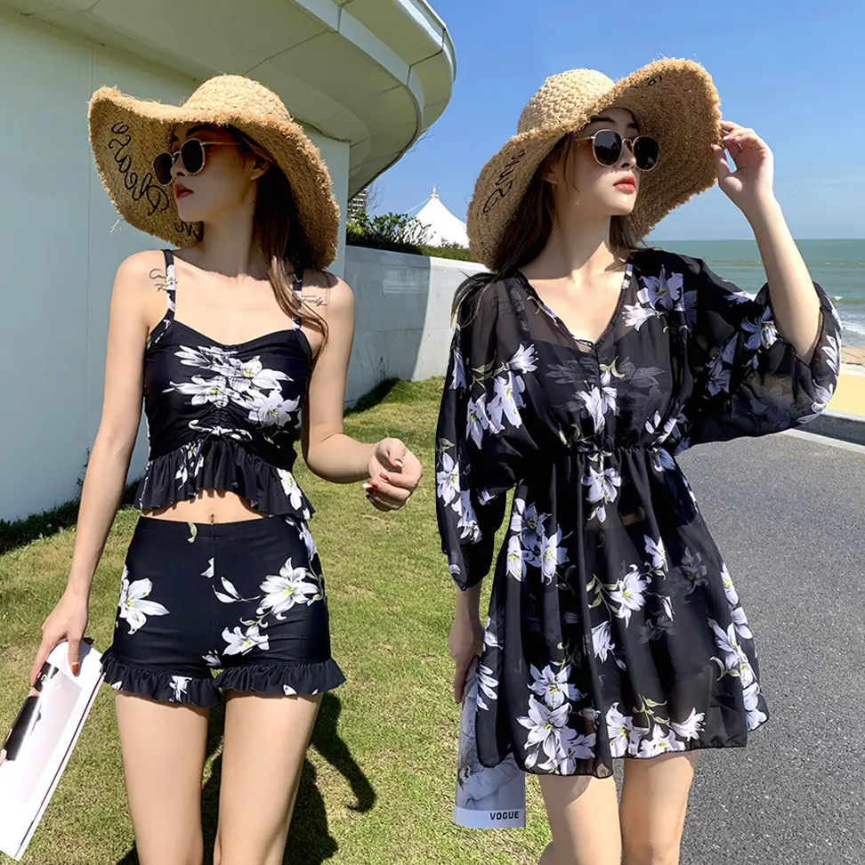 2026 New Women Three Piece Swimsuit Conservative Slim Plus Size Bathing Suit Sun Protection Swimwear for Spa Beach