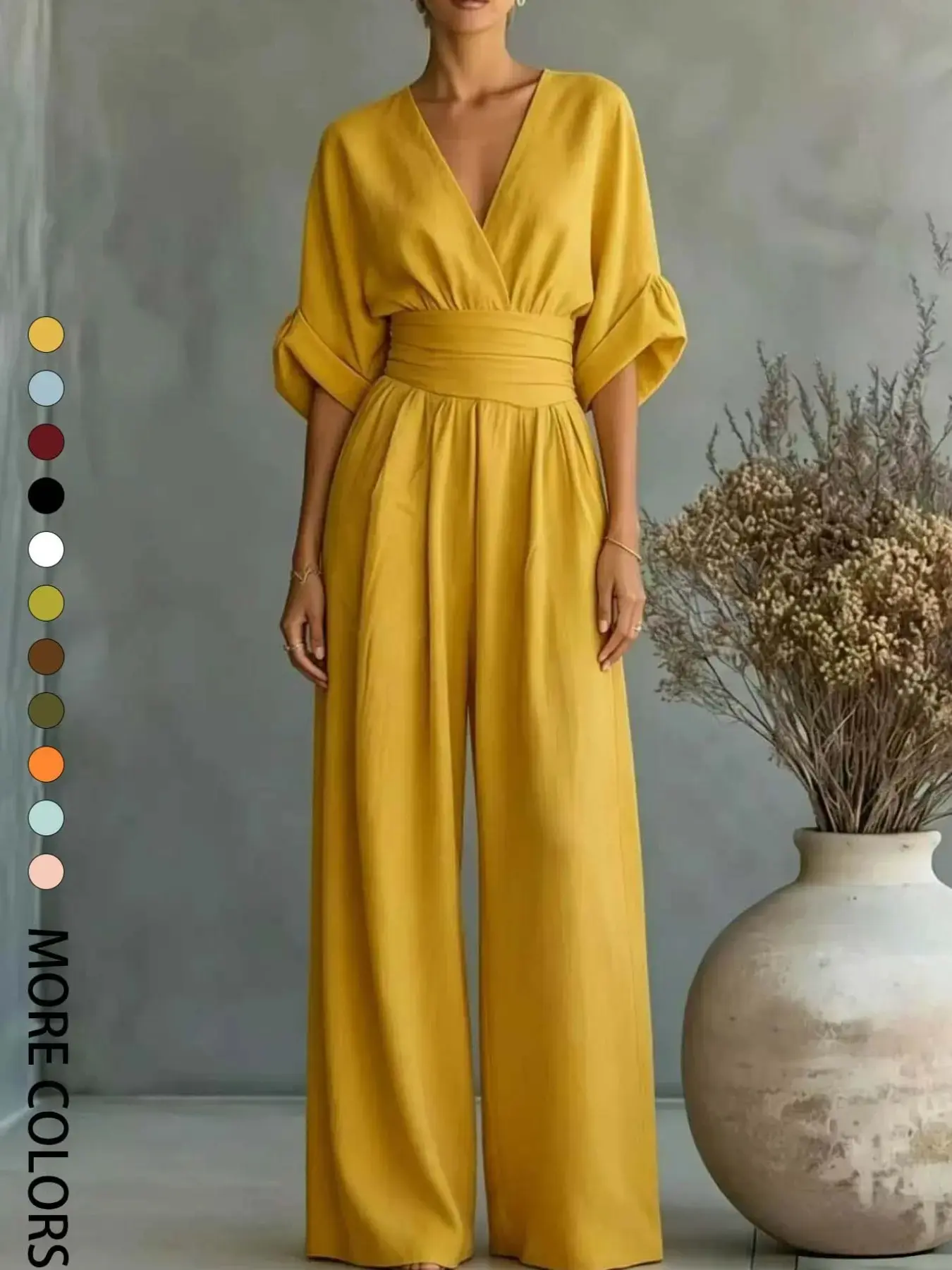 Women's New Summer V-Neck Cinched Waist Slimming Wide-Leg Jumpsuit for Daily Wear, Outdoor Lawn Banquets and Semi-Formal Weddings