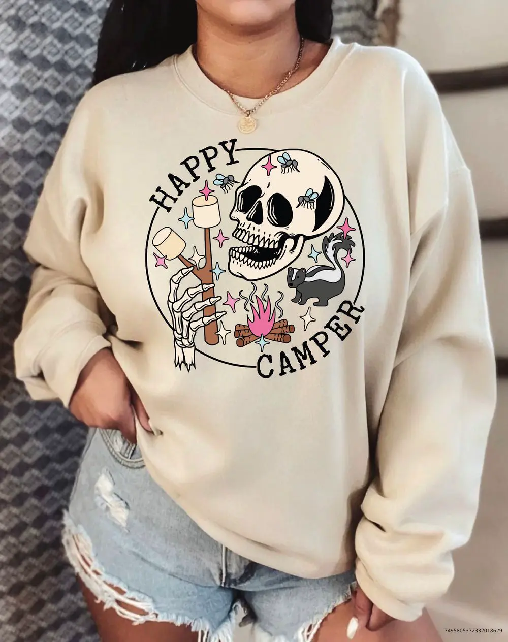 Happy Camper Sweatshirt, Skeleton Camping Unisex Graphic Hoodie, Funny Camping Crew Sweatshirt, Family Camping Sweatshirt Gift-435