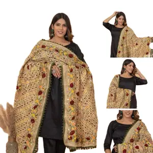 Green Shawl Long Raw Silk Handmade Phulkari dupatta mirror and thread Pom pom