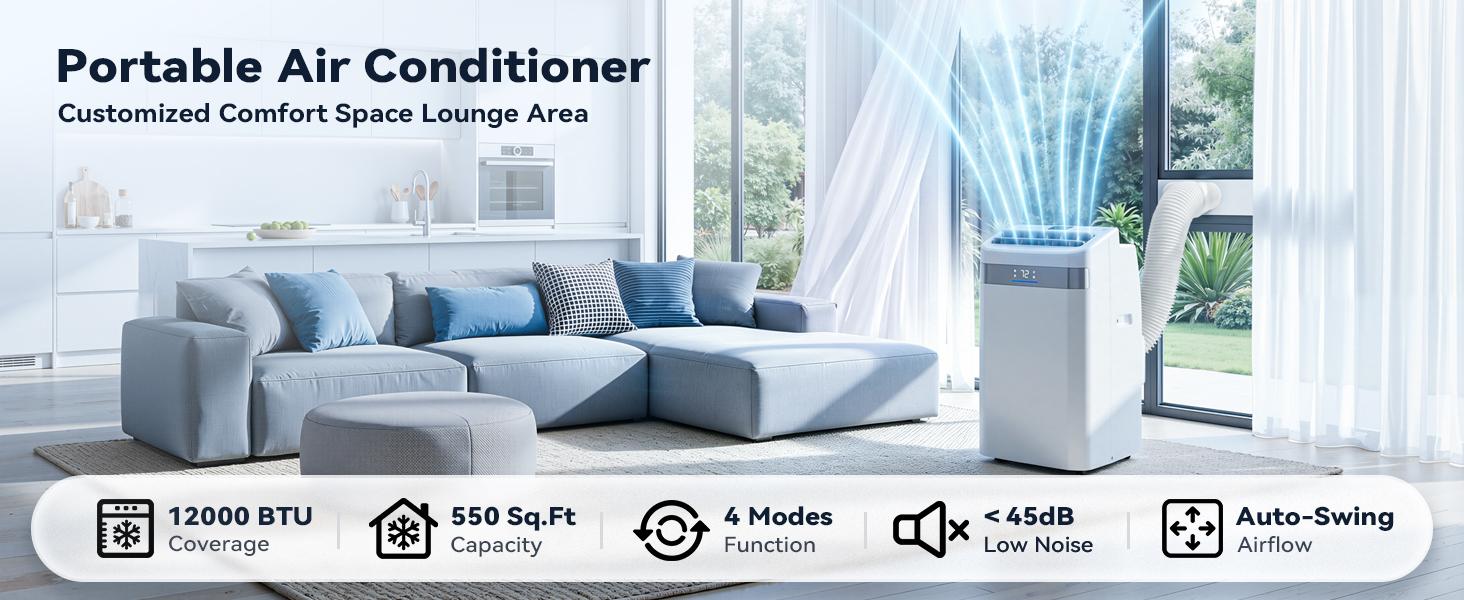 TEHANLD 2026 Model 12000 BTU Portable Air Conditioner, 4-in-1 Cooling+Fan Unit for 550 Sq.Ft Rooms, with Dehumidifier, Remote Control, Sleep Mode, 24H Timer, Window Kit for Large Room, Office