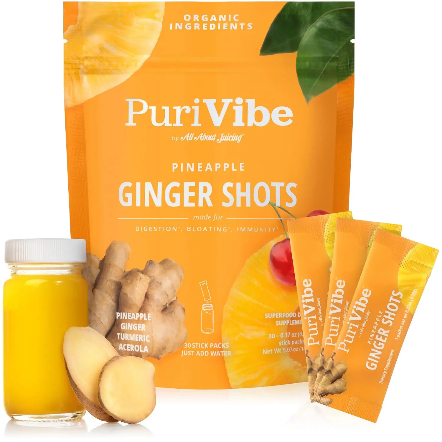 PuriVibe Ginger Shots Juice Powder, 30-Pack Pineapple & Turmeric Superfood Supplement Drink Mix for Digestion, Immunity & Energy Support