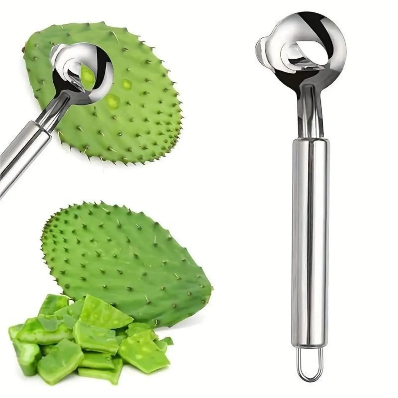 Cactus Peeler Tools, Stainless Steel Cactus Paring Knife and Peeler Spoon Long Handle Vegetable Cutting Slicer Slicing Noodle Cutter with Hole for Cactus Kitchen Cooking Noodles Durable Vegetable Slicer