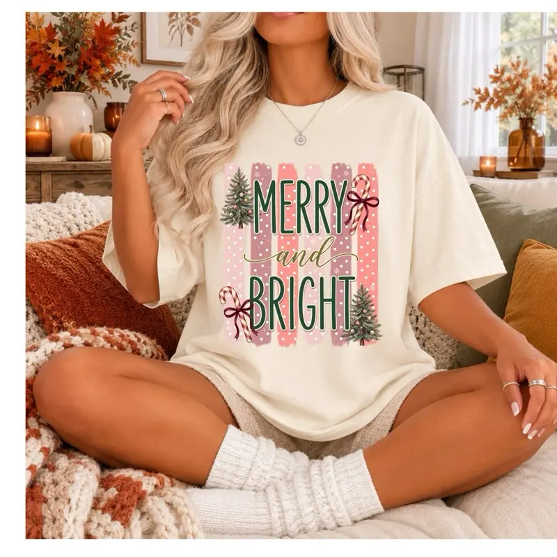 Women's Casual Cotton Fabric Fit Tee - Merry and Bright Candy Cane Christmas Tree Brushstroke, Unisex Garment-Dyed T-shirt