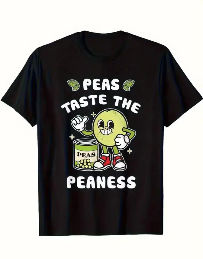 Men'S Fun Pea Pods And Pea Flavor Theme T-Shirt | Black LOOSE Short Sleeve Shirt With Cartoon Pea Pattern, Breathable Casual Style, Suitable For Daily Wear, CUTE FOOD THEME Gift Choice (Size XS-5xl) - Suitable For All Seasons