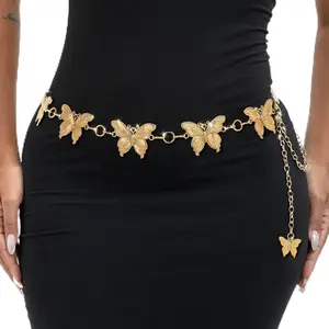Butterfly Belt Rhinestone-Metal-Turquoise Gold Silver Carving Chunky Waist Chain Accessories for Women