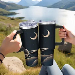 Double Wall Vacuum Tumbler Mug - Black with Crescent Moon and Galaxy Pattern - Outdoor Camping, Hiking, Picnic, Travel Use