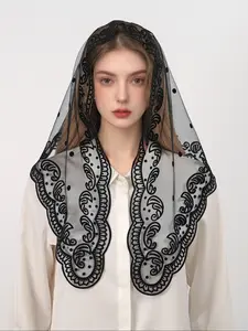 Elegant Women's Lace Headscarf, Ethnic Faith Element Scarf, Embroidered Triangle Edge, Fitted Casual Style, All Seasons, Ethnic Pattern