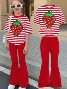 Summer Strawberry Print Striped Set for Teenage Girls, Casual Loose-Fitting Short Sleeve Top and Pants, Comfortable Fashion Kids Clothing