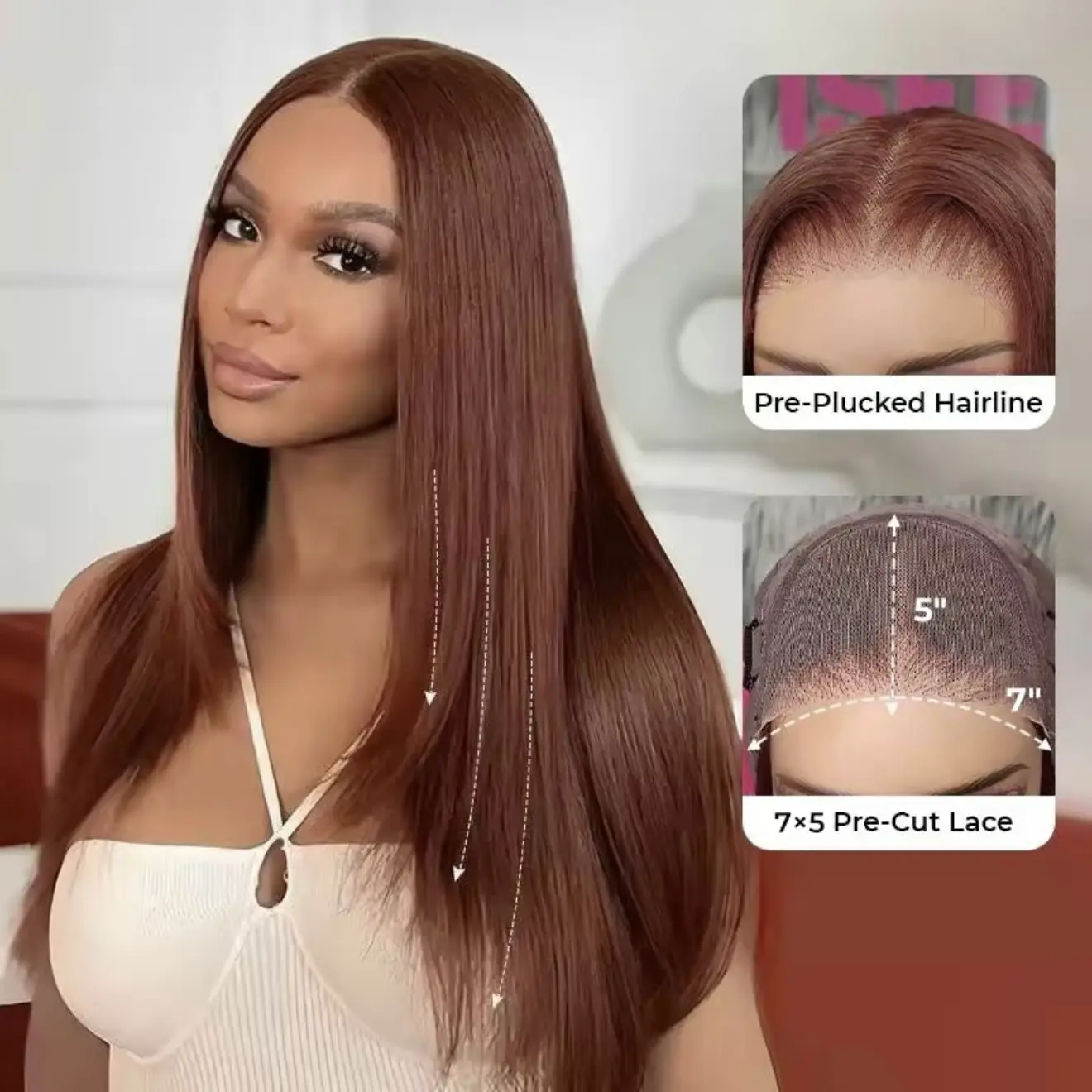 ISEE HAlR Reddish Brown Layered Cut Straight 7x5 Wear Go Wig Pre-Cut Lace Glueless Colored Wig With Drawstring Human Hair Beginner Friendly #ISEECrochetNewArrivals #SummerVibes