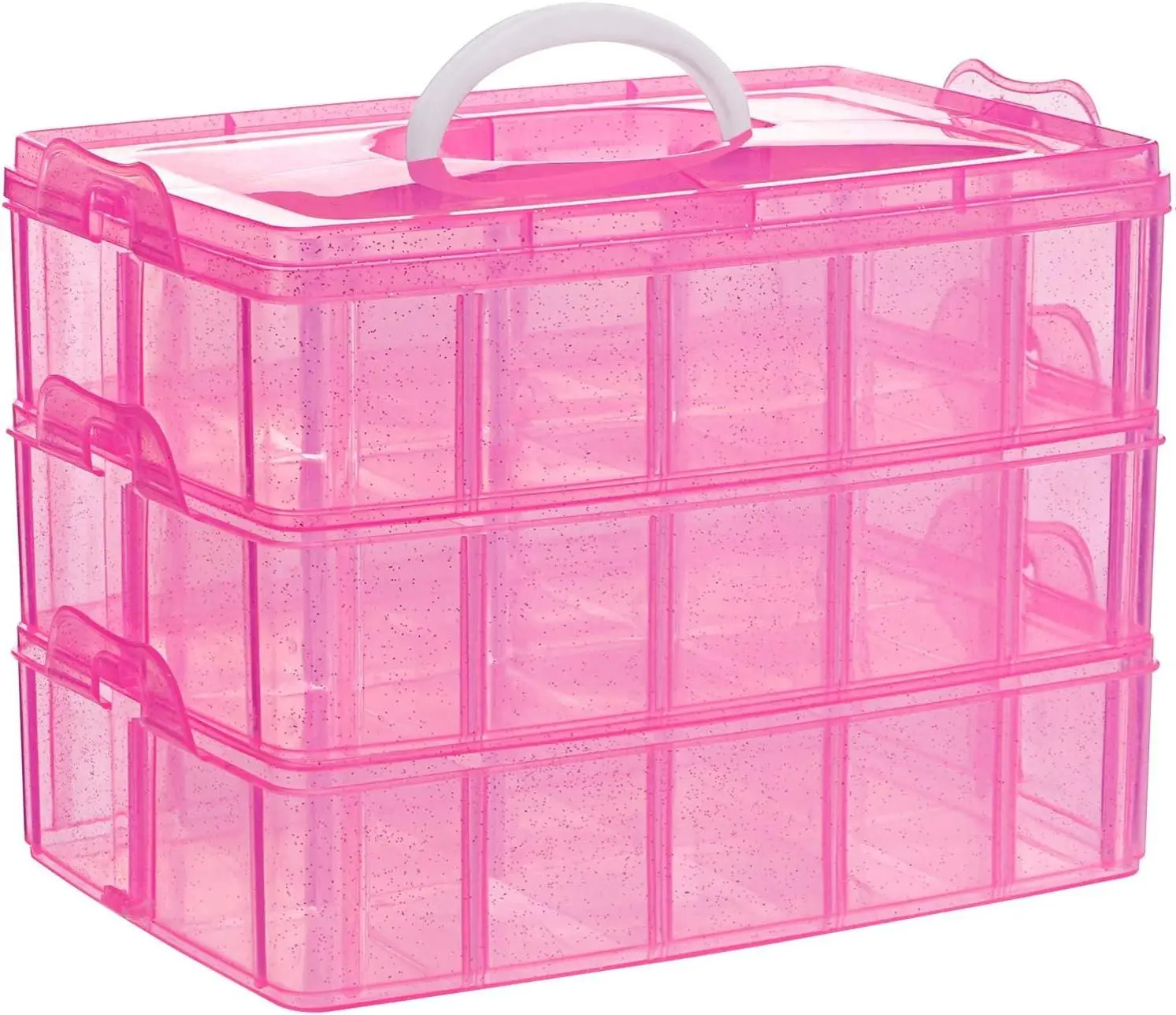 Multifunctional Pink 3-Tier Stackable Arts and Crafts Storage Box with Detachable Dividers, Durable Lightweight Plastic Organizer for Crafters (9.5x6.5x7.2in)