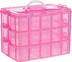 Pink 3-Tier Craft Storage Container Stackable Organizer Box with Dividers for Art Supplies Beads Washi Tapes Seed Hair Accessories Nail 9.5x6.5x7.2in Plastic Organizer