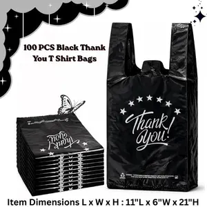 100 PCS Black Thank You T Shirt Bags, 11x6x21 Inch Grocery Shopping Bags, Reusable Disposable Plastic Supermarket Bags, Carry Out Retail Takeout Bags