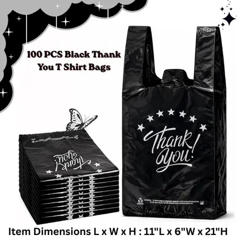 100 PCS Black Thank You T Shirt Bags, 11x6x21 Inch Grocery Shopping Bags,convenient handle, Reusable Disposable Plastic Supermarket Bags, Carry Out Retail Takeout Bags