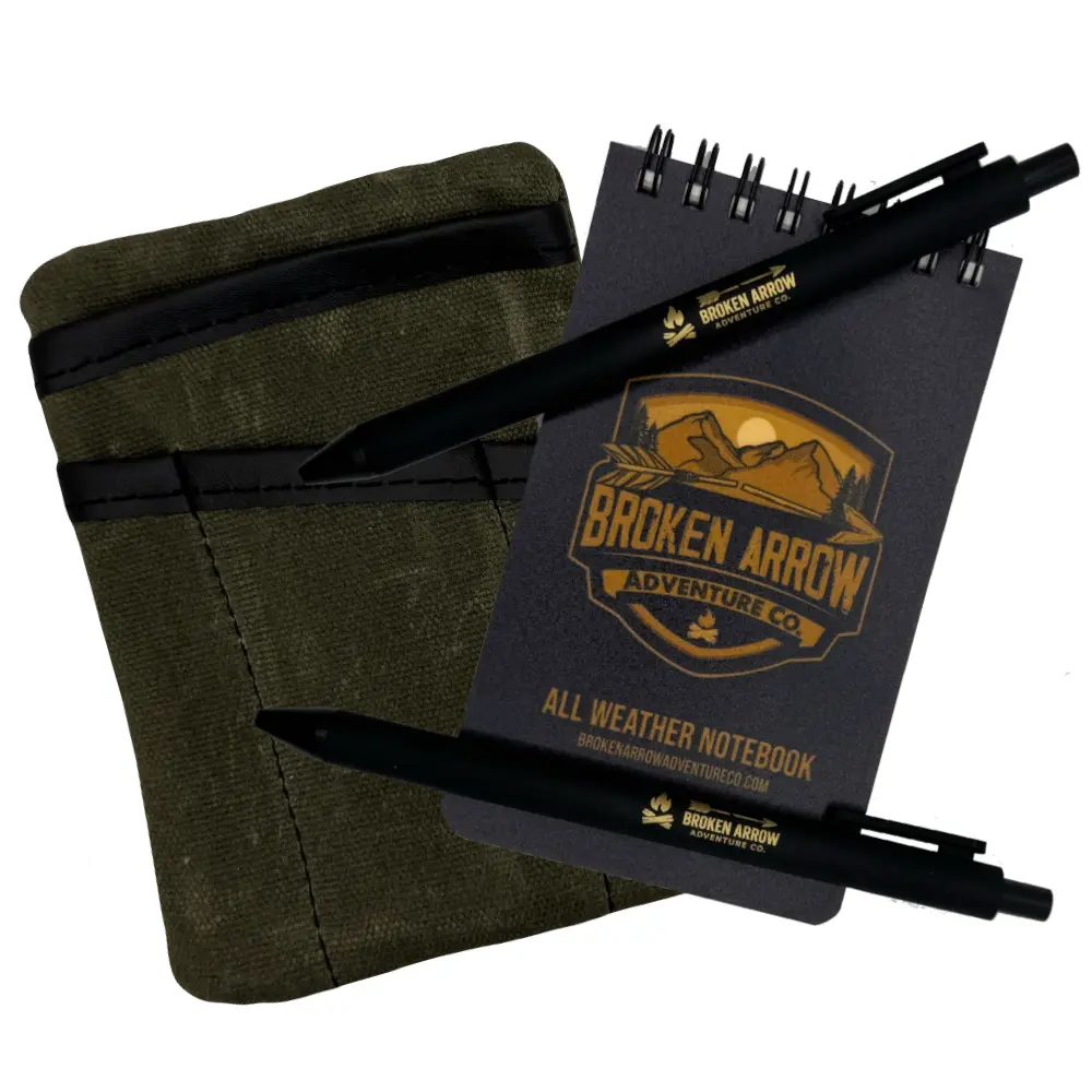 Broken Arrow Adventure Co. Waxed Canvas EDC Bundle - Pocket Organizer, 6-Pack Ballpoint Pens, 3-Pack All Weather Notebook for Outdoor Enthusiasts
