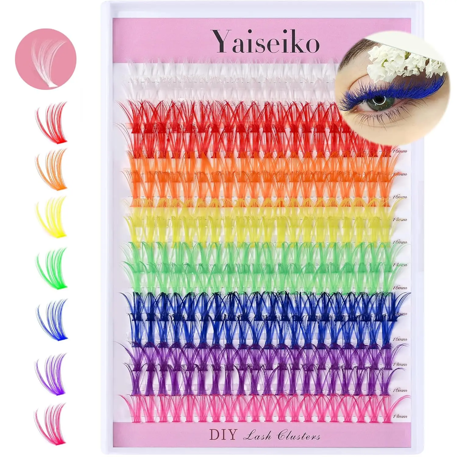 Colored Lash Clusters 300Pcs Individual Lashes D Curl 14mm/16mm Mixed Colors Rainbow DIY Eyelash Extension Colorful Cluster Lashes with White Eyelash Clusters Pack