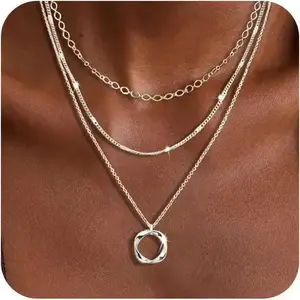 Layered silver necklaces for women, sterling silver stack choker necklaces for women trendy layering circle pendant chain necklace set jewelry for women Cubanchain moissanite chain