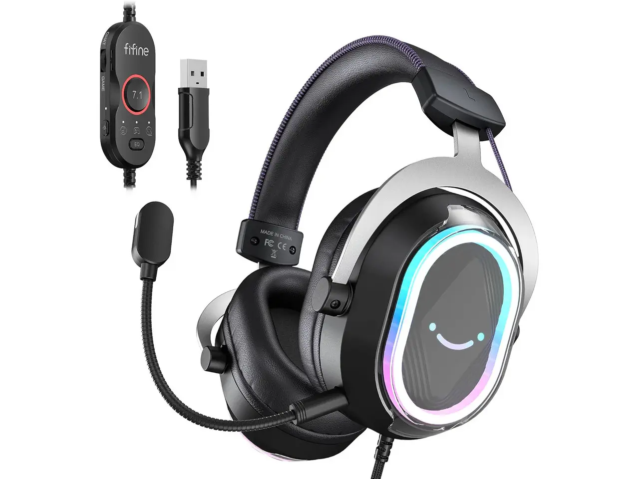 FIFINE H13 USB Gaming Headset - with Mic - 7.1 Surround Sound - Vibrant RGB Lighting - Ergonomic Ear Pads - Control Box, Streaming