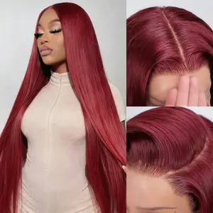 Erqq 13x6 Synthetic Lace Front Wig Long 99j Burgundy Straight Wig for Women 30inch/76cm Pre Plucked Natural Hairline Synthetic Heat Resistant Fiber for Daily Party Use (99j Burgundy Colored Wig)