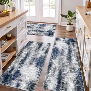 Upgrade Non Slip Kitchen Rugs Sets of 3 Washable Kitchen Mats for Floor Abstract Kitchen Runner Rug Soft Floor Mat Set Kitchen Carpet Rugs for Hallway, Laundry, Entryway, Office, Blue Grey