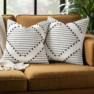 Boho Summer Outdoor Throw Pillow Covers 18X18 Set of 2, Farmhouse Decorative Pillow Covers for Couch Sofa Living Room, Grey & Cream White