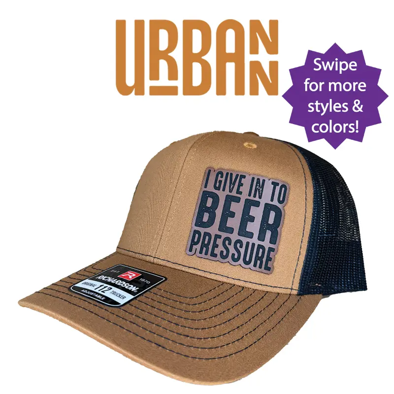 I Give in to Beer Pressure Hat -  Custom Leatherette Patch Trucker Style Hat trucker hat unisex hat